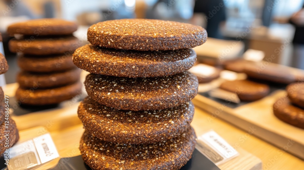 Poster stack of round, brown cookies displayed in a modern caf? with blurred patrons in the background