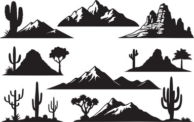 Desert mountain silhouette set with cactus tree, using flat solid black color design, vector illustration design on a white background.