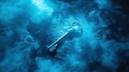 Glowing antique key on smoky blue surface; mystery, secrets, fantasy concept; website, game design