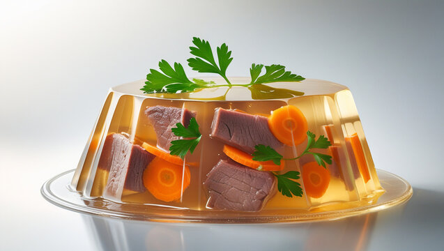 A realistic image of a perfectly shaped aspic (holodets) with a crystal-clear, golden-brown gelatin base.