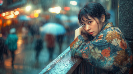 Obraz premium 雨の中、階段の手すりに寄りかかる日本人女性 – 濡れた石畳と傘が映し出す叙情的な世界