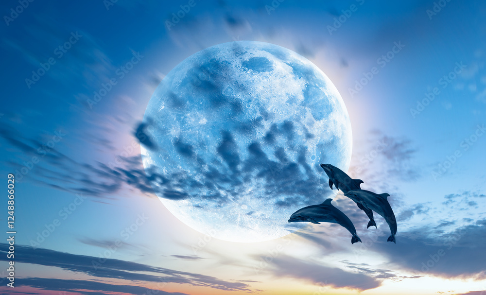 Aufkleber silhoutte of dolphins jumping up from the sea at sunset with full moon 