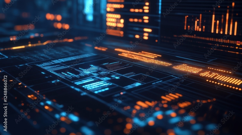 Poster glowing digital interface showcasing complex data visualization with blue and orange elements, repre