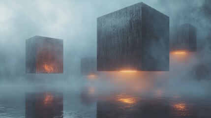 Floating concrete cubes are illuminated with orange light below