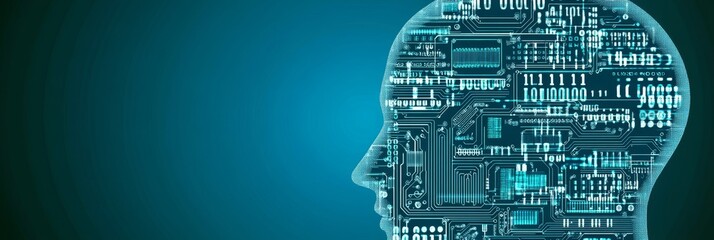 Artificial Intelligence Close-up Human Head Silhouette With Detailed Circuitry On Blue Background.