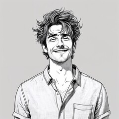 A young adult man amused with messy hair wearing a summer linen button up in a simple hand drawing flat line design