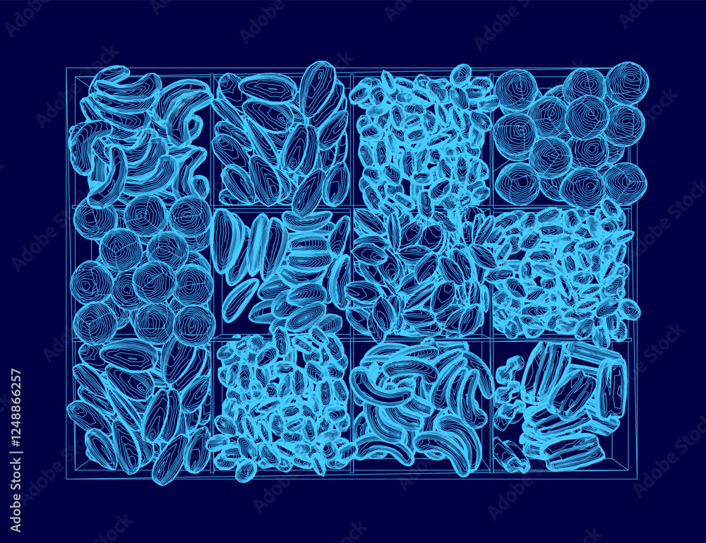 Poster a blue image of a variety of nuts and seeds. the image is a close up of a blue background with a var