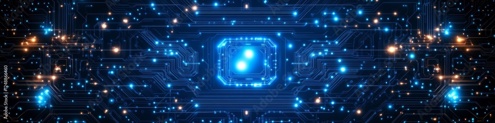 Poster abstract glowing circuit board with neural connections and data processing, technology background