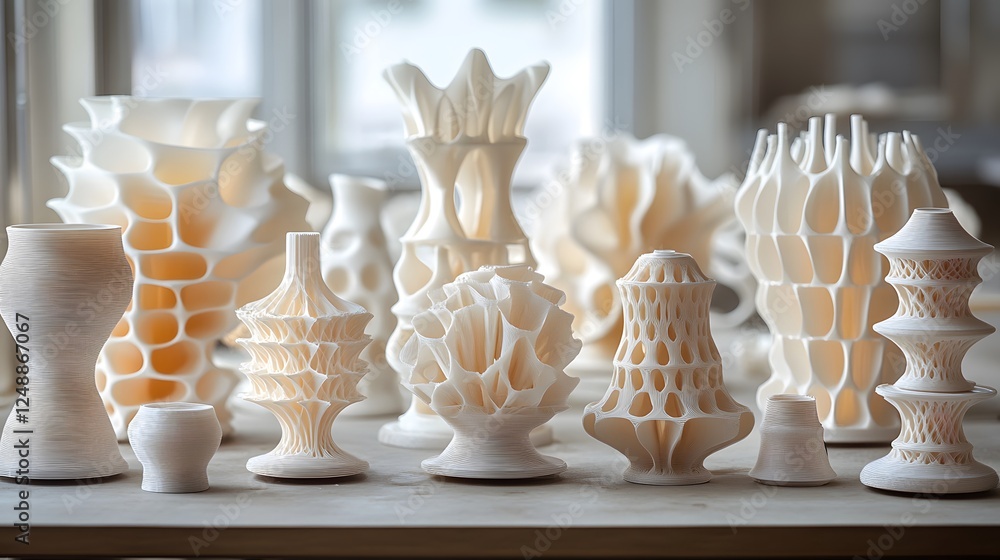 Fototapete simplistic models 3d printed objects on a table with white vases creating minimalistic decor and art