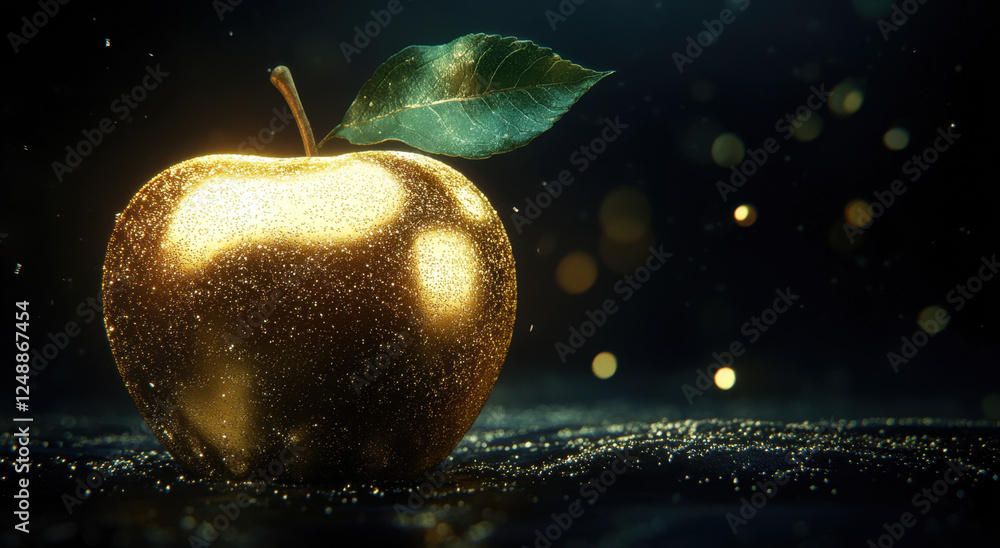 Poster a visually striking apple adorned with glitter sits against a dark backdrop, reflecting soft glimmer