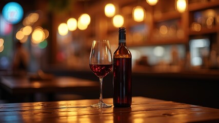 Wine Glass & Bottle on Wooden Table - Night Cafe Ambiance