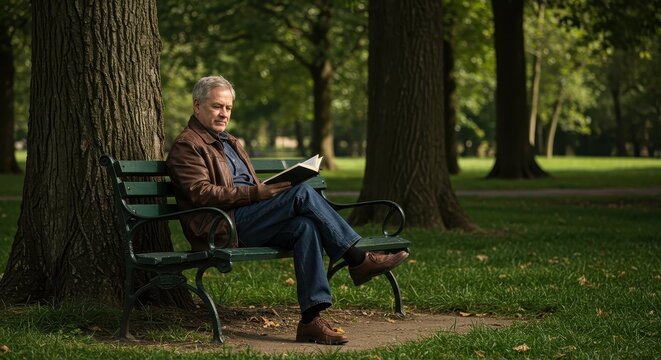 Mature Man Enjoying a Book on a Park Bench Amidst Serene Greenery - Perfect for Relaxation and Leisure Concepts