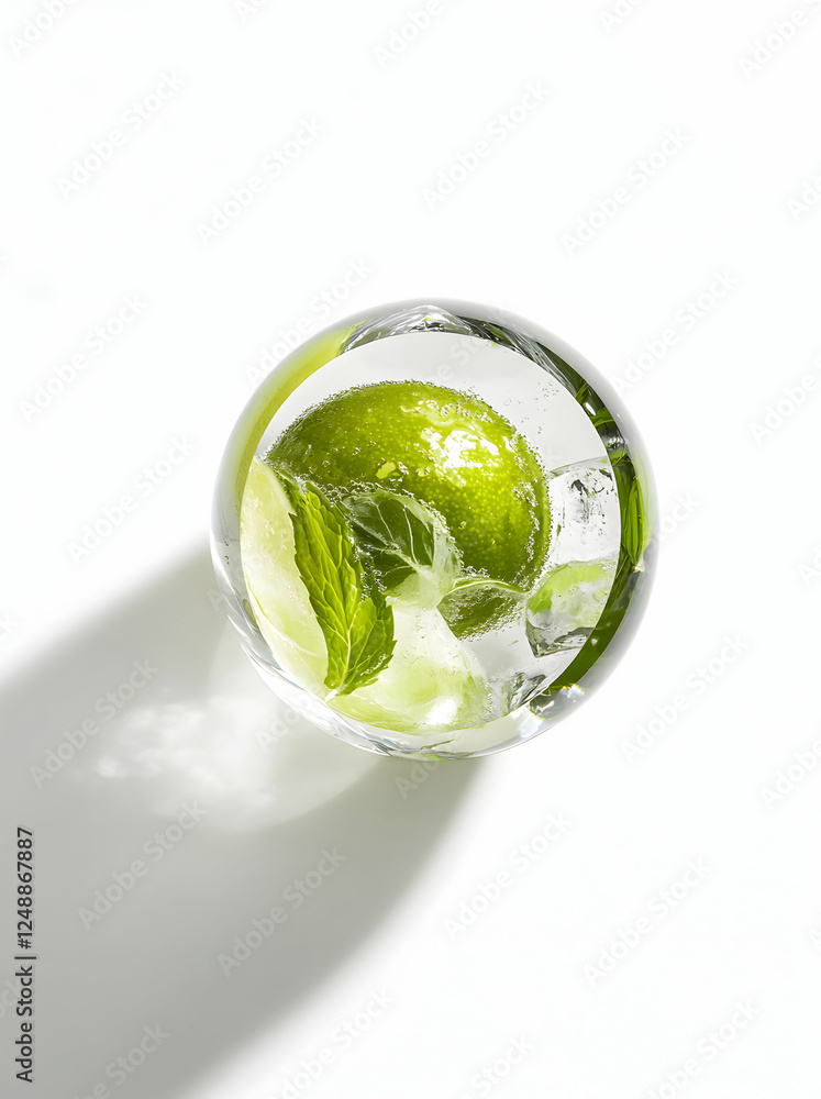 Poster refreshing lime infusion with mint and ice cubes captured in a crystal sphere creating a visually co
