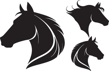 A set of Horse face silhouette using flat solid black color design, vector illustration design on a white background.