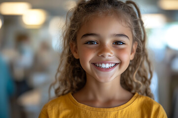 A 6-year-old child sitting in a modern dental chair, smiling happily with bright white teeth visible. Her expression is joyful and relaxed, reflecting a positive dental experience.