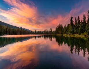 Fototapeta premium Generated image A lake surrounded by evergreen trees, reflecting the sky in shades of orange and pink