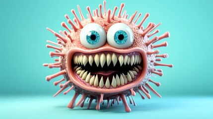 A vibrant, cartoonish virus character with big eyes and sharp teeth, set against a teal background, exuding a playful yet menacing vibe.