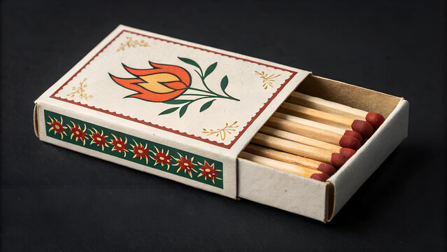 A box of matches with a red and orange floral design on the cover.
