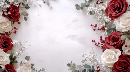 Beautiful wooden frame with red and cream roses and baby's breath flowers on white background