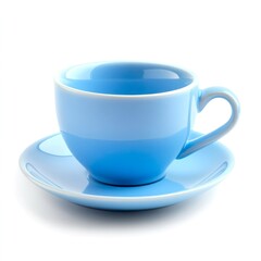 Light blue ceramic cup and saucer isolated on white background.