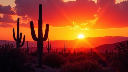 Silhouetted Saguaro Sunset Desert Adventure