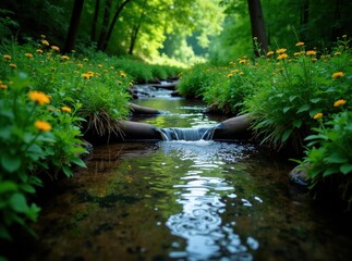 Obraz premium Serene Jessamine Creek Flowing Through Lush Kentucky Wildflowers