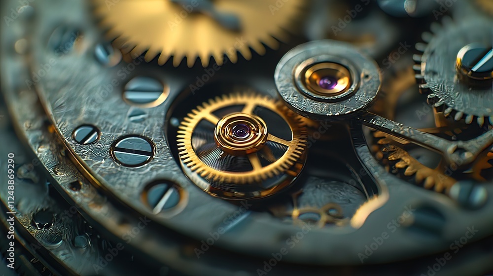 Poster close-up view of intricate gears and clockwork mechanism.