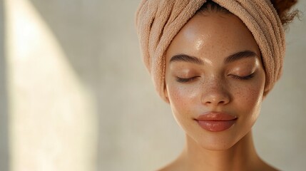 Beautiful woman with freckles and towel wrapped on her head