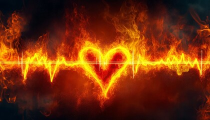 Fiery Passionate Heartbeat Abstract Design Depicting a Flaming EKG Line and Vibrant Heart Symbol