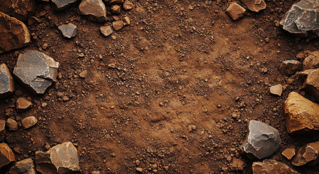 Rocky terrain with a mix of dirt and gravel showcases a natural earthy landscape under bright daylight conditions