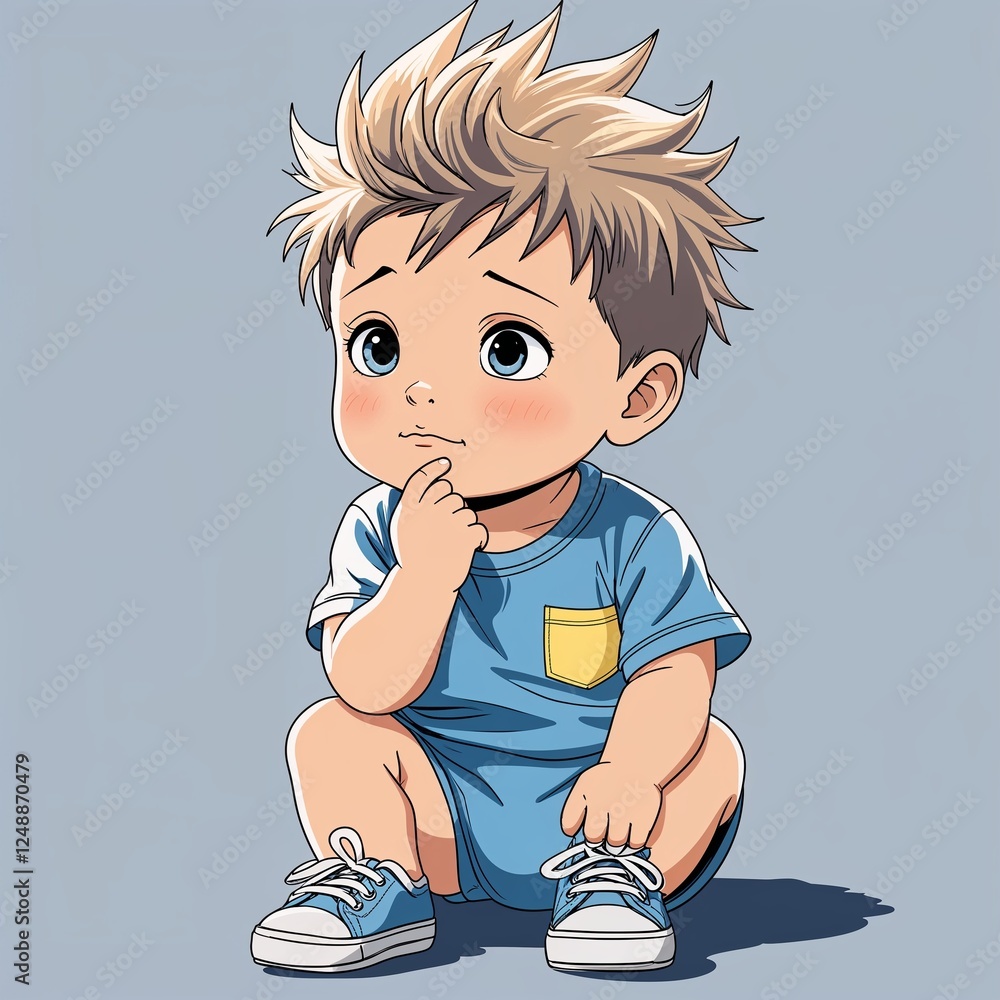 Wall mural A baby boy thoughtful with soft spiky hair wearing a summer onesie and tiny sneakers in a anime hand drawing flat line design