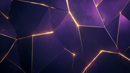 Abstract purple shapes with glowing golden outlines and particles