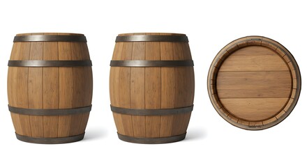 Wooden barrel, view from different angles, isolated on transparent background. Clipping path included. 3D render.
