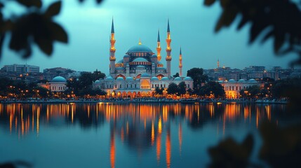 Fototapeta premium The Majestic Sultan Ahmet Mosque at Dusk: A Captivating Reflection in Istanbul