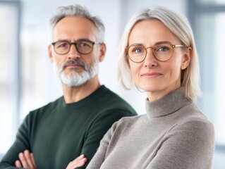 middle aged couple wearing glasses looking at camera