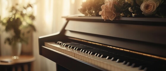 Soft morning light casts a warm glow over a piano adorned with delicate flowers, invoking a sense of timeless elegance.
