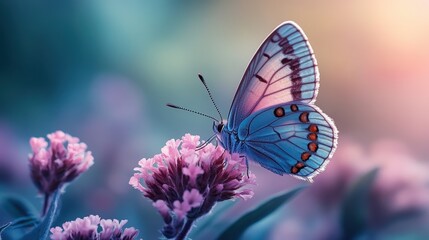 Obraz premium Butterfly feeding on flower, garden sunset