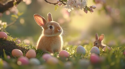 Spring bunny, Easter eggs, garden, sunset