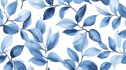 Watercolor painting shows a seamless pattern of blue leaves