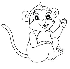 Cute cartoon hand drawn vector funny baby monkey coloring page.