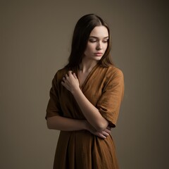 Naklejka premium Elegant Portrait of a Thoughtful Young Woman in Brown Dress - Perfect for Lifestyle and Fashion Concepts