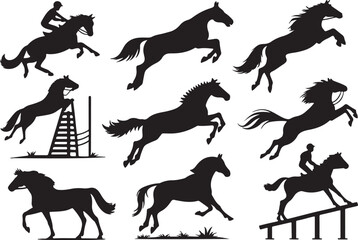 A set of horse ride jumping silhouette, using black color vector illustration desing.