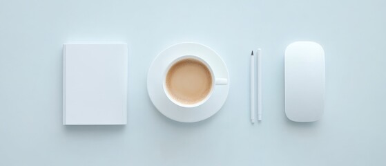 blank notebook, coffee, pens, and mouse on pastel table