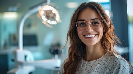 Confident woman with a bright smile in a modern dental office.