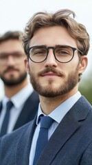 two businessmen in suits looking at the camera