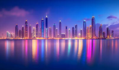 Fototapeta premium Radiant urban skyline mirrored in serene waters, capturing the essence of vibrant city life and modern architecture at twilight