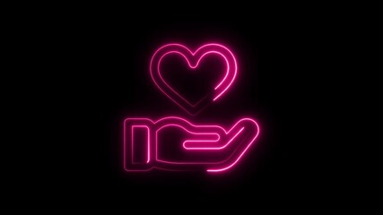 Animation of glowing neon Hand holding a heart love icon isolated . neon heart icon .
