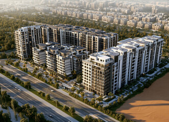 Fototapeta premium Contemporary urban living, A high-angle perspective of modern apartment complexes, capturing the essence of city expansion and architectural design