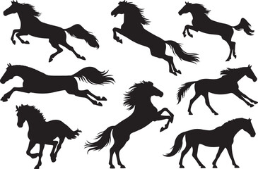A set of horse jumping silhouette using flat solid black color design, vector illustration design on a white background.