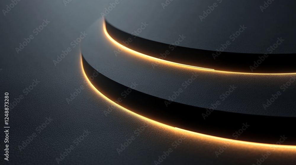 Poster curving architectural forms are illuminated with a soft golden light